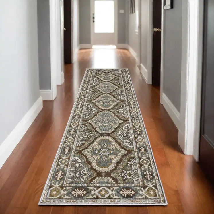 8' Blue And Gray Medallion Runner Rug