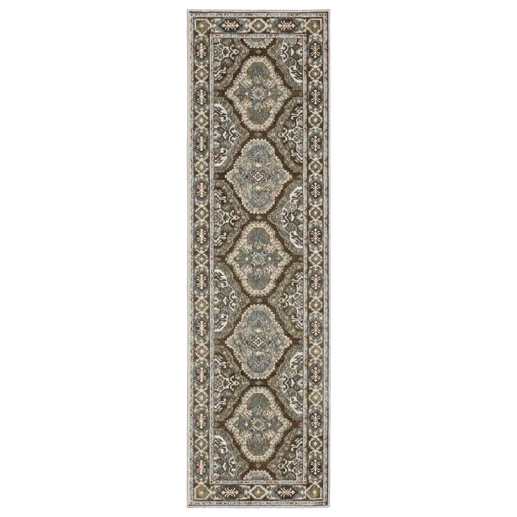 8' Blue And Gray Medallion Runner Rug