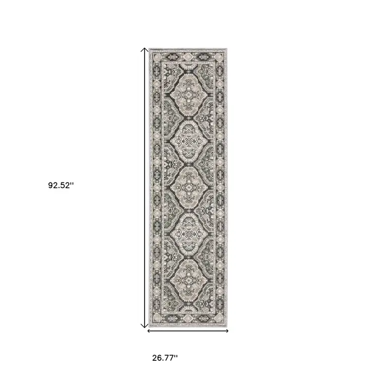 8' Ivory And Blue Medallion Runner Rug
