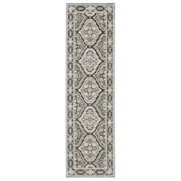 8' Ivory And Blue Medallion Runner Rug