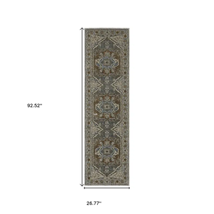 8' Blue Ivory And Brown Medallion Runner Rug
