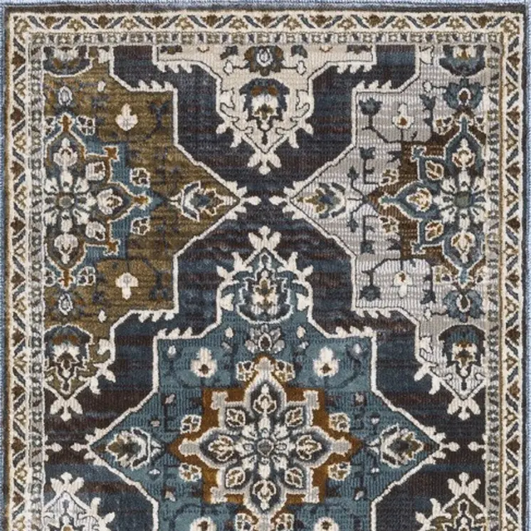 8' Gray And Blue Medallion Runner Rug