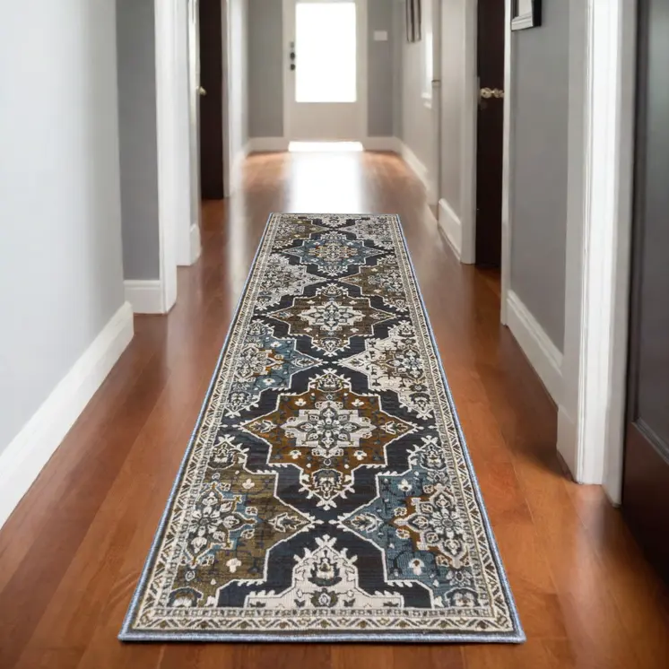 8' Gray And Blue Medallion Runner Rug