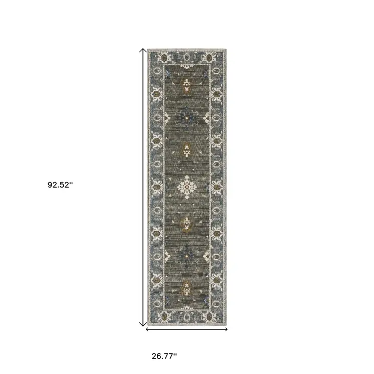 8' Blue Gray And Ivory Oriental Runner Rug