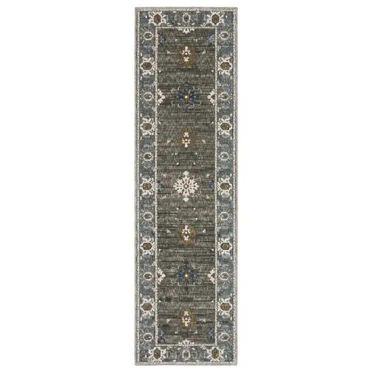 8' Blue Gray And Ivory Oriental Runner Rug