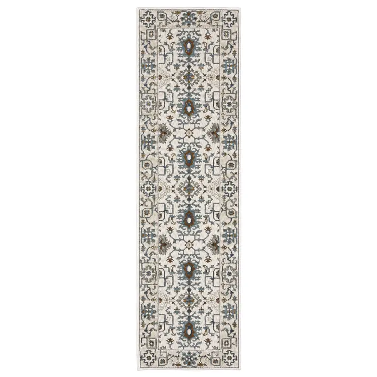8' Ivory And Blue Oriental Runner Rug