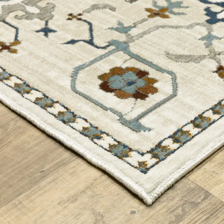 8' Ivory And Blue Oriental Runner Rug
