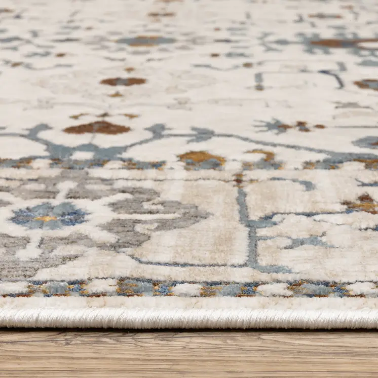 8' Ivory And Blue Oriental Runner Rug