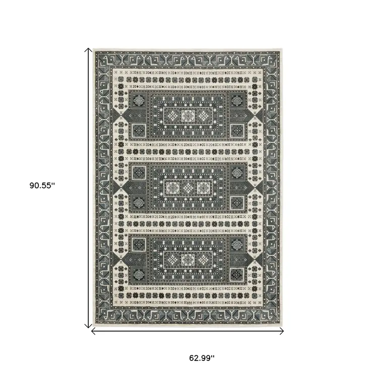 5' X 8' Gray And Blue Medallion Area Rug