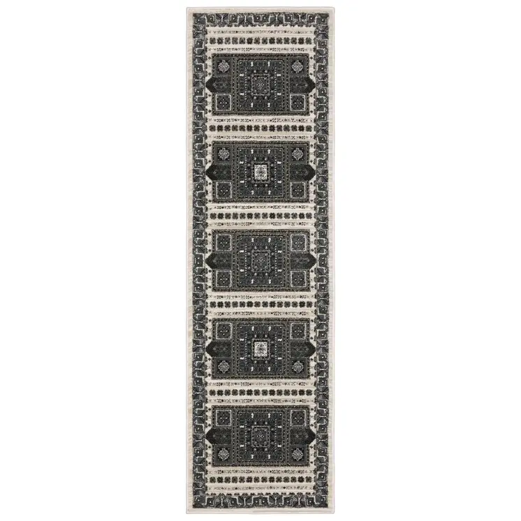 8' Gray And Blue Medallion Runner Rug