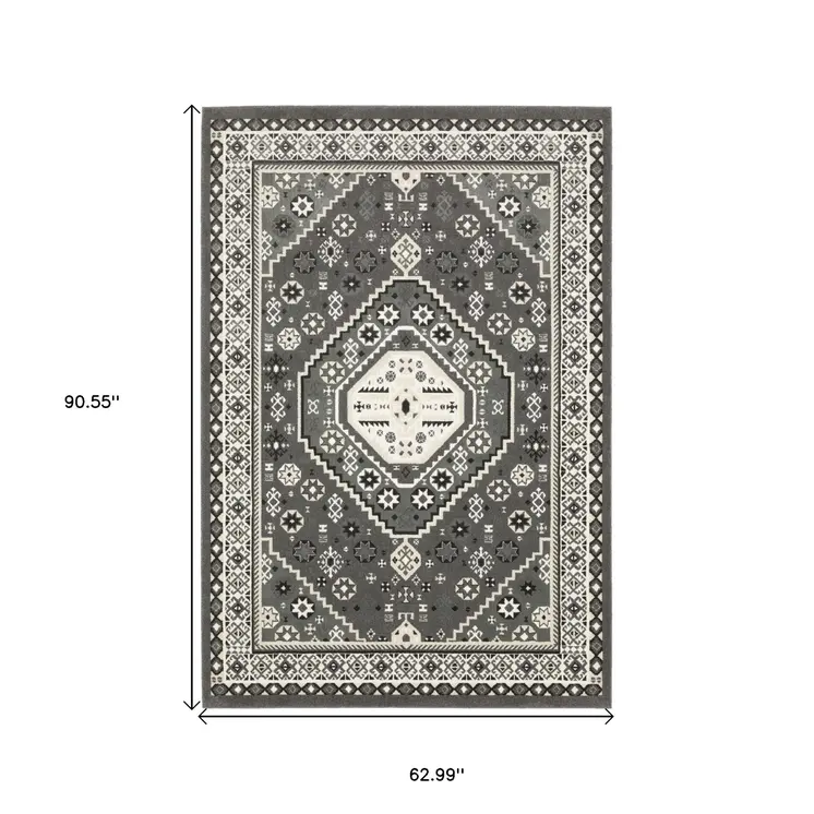 5' X 8' Gray And Ivory Medallion Area Rug