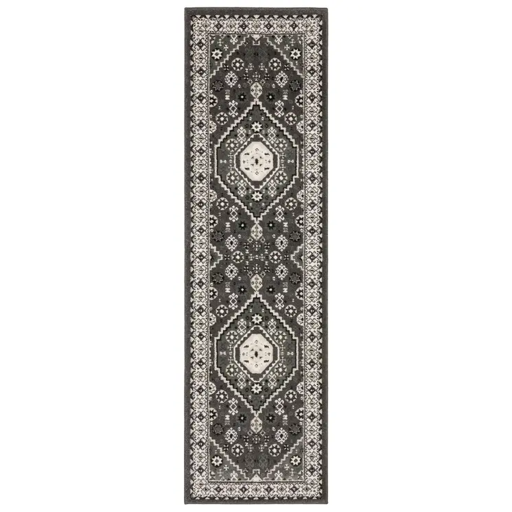 8' Gray And Ivory Medallion Runner Rug