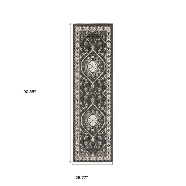 8' Gray And Ivory Medallion Runner Rug
