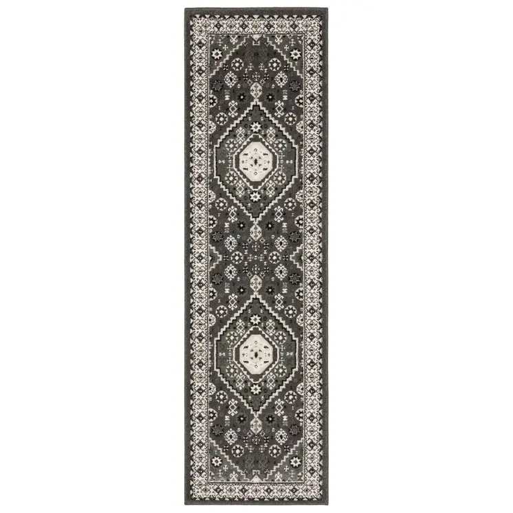 8' Gray And Ivory Medallion Runner Rug