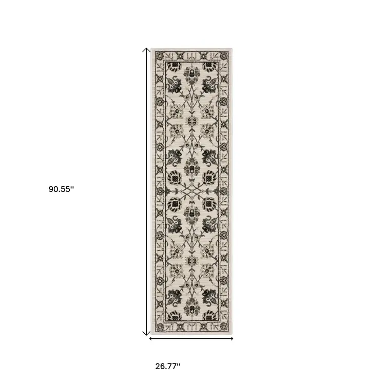8' Ivory And Gray Oriental Runner Rug
