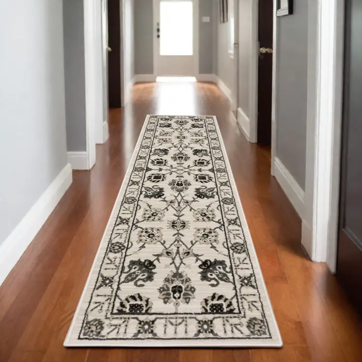 8' Ivory And Gray Oriental Runner Rug