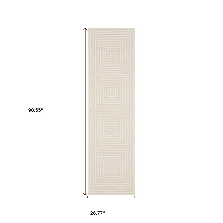 8' Ivory And Beige Geometric Runner Rug