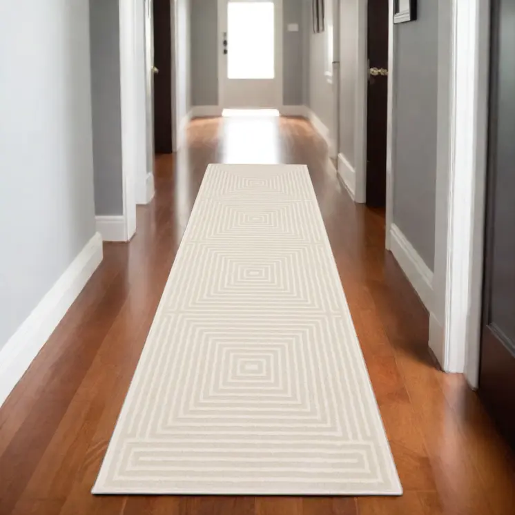 8' Ivory And Beige Geometric Runner Rug