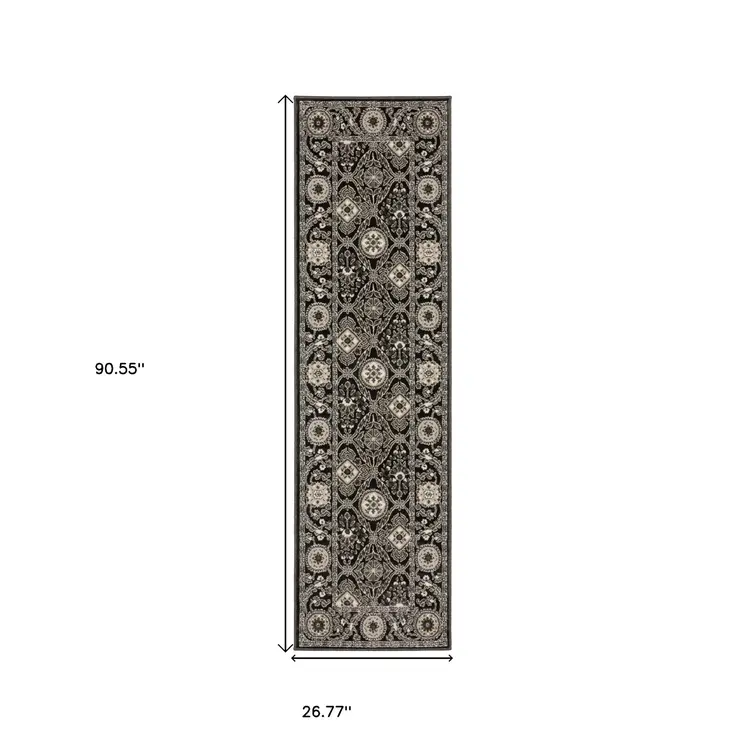 8' Charcoal And Gray Oriental Runner Rug