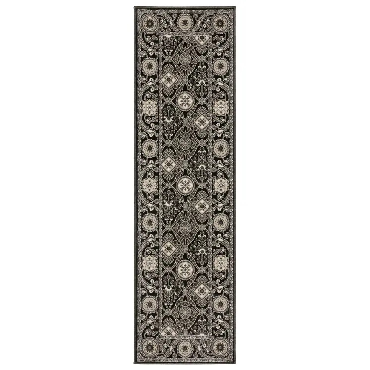 8' Charcoal And Gray Oriental Runner Rug