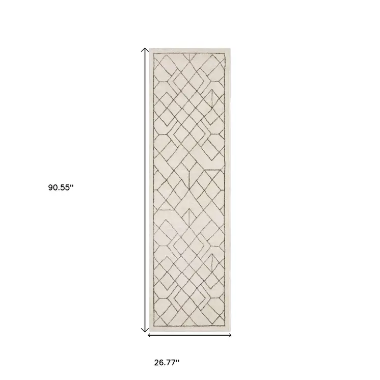 8' Ivory And Taupe Geometric Runner Rug
