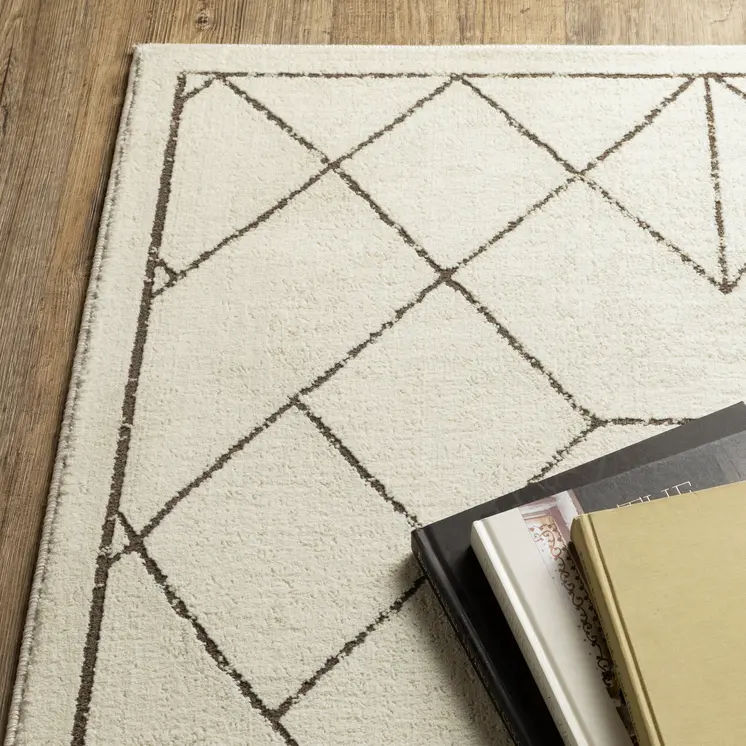 8' Ivory And Taupe Geometric Runner Rug