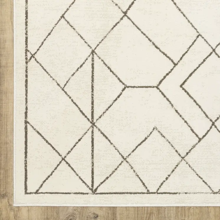 8' Ivory And Taupe Geometric Runner Rug