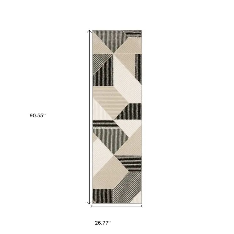 8' Ivory And Black Geometric Runner Rug