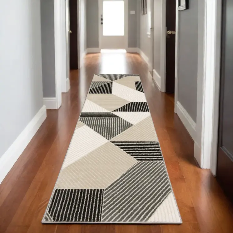 8' Ivory And Black Geometric Runner Rug