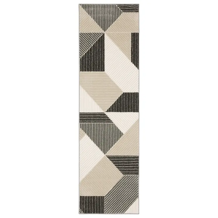 8' Ivory And Black Geometric Runner Rug