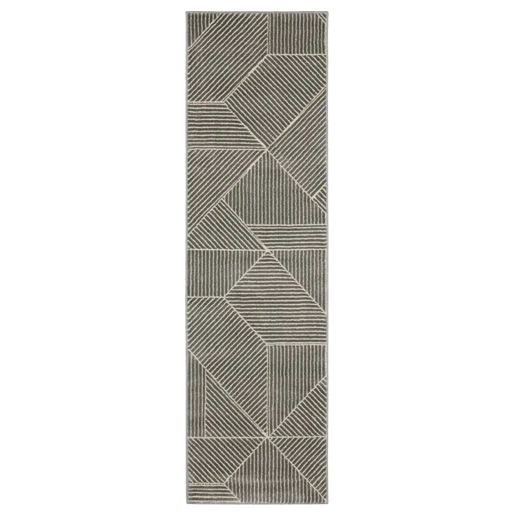 8' Gray And Ivory Geometric Runner Rug
