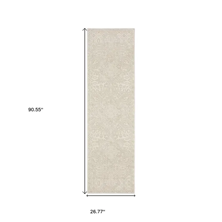 8' Ivory And Beige Medallion Runner Rug