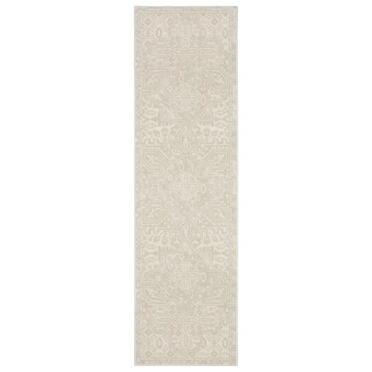 8' Ivory And Beige Medallion Runner Rug