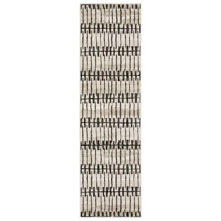 8' Beige And Black Geometric Runner Rug