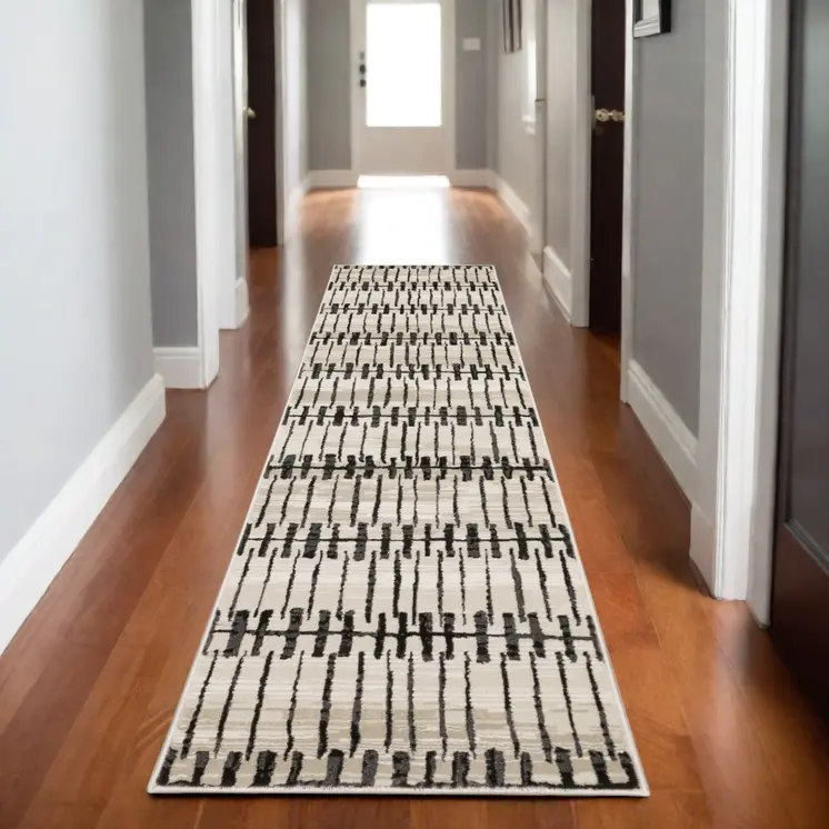 8' Beige And Black Geometric Runner Rug