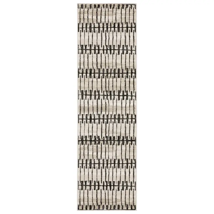 8' Beige And Black Geometric Runner Rug