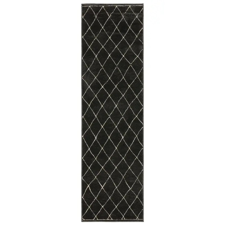8' Charcoal And Ivory Trellis Runner Rug