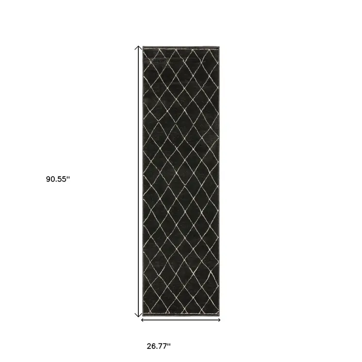 8' Charcoal And Ivory Trellis Runner Rug