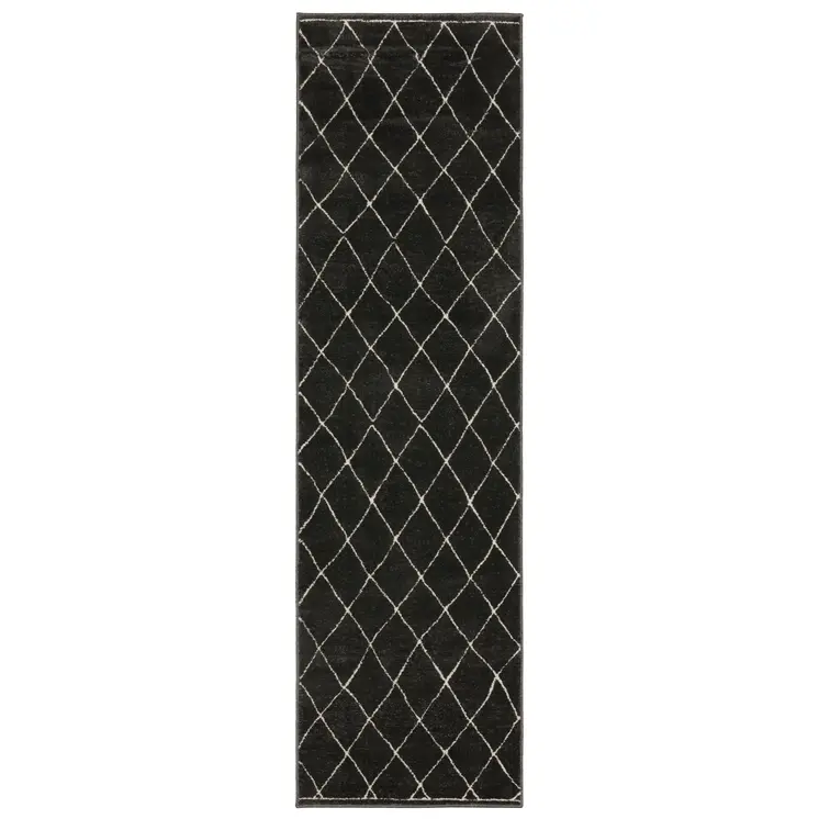 8' Charcoal And Ivory Trellis Runner Rug