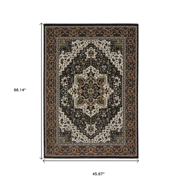 4' X 6' Navy Blue Ivory And Black Medallion Area Rug With Fringe