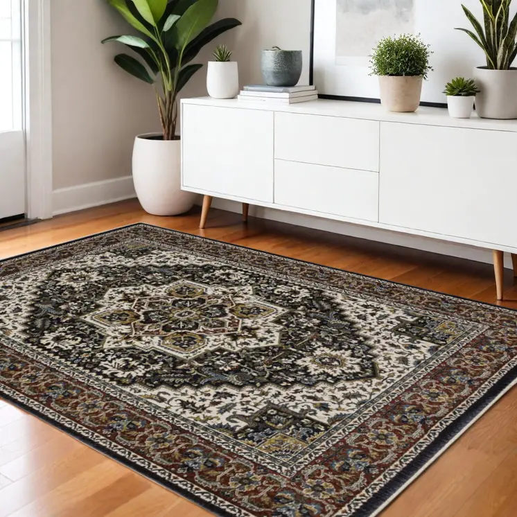 4' X 6' Navy Blue Ivory And Black Medallion Area Rug With Fringe