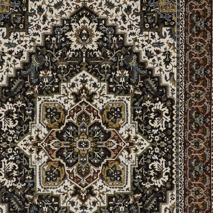 4' X 6' Navy Blue Ivory And Black Medallion Area Rug With Fringe