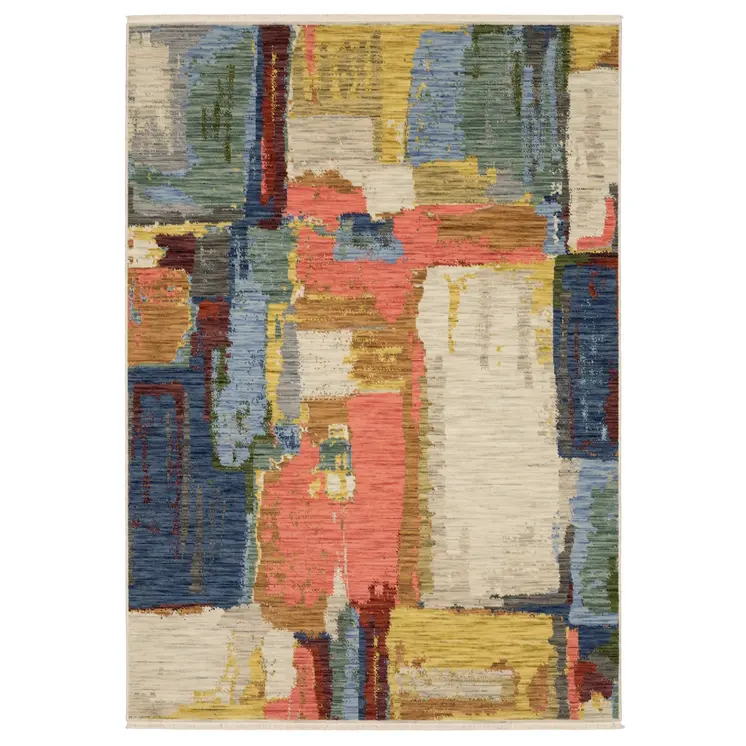 3' X 5' Beige Yellow And Pink Abstract Area Rug With Fringe