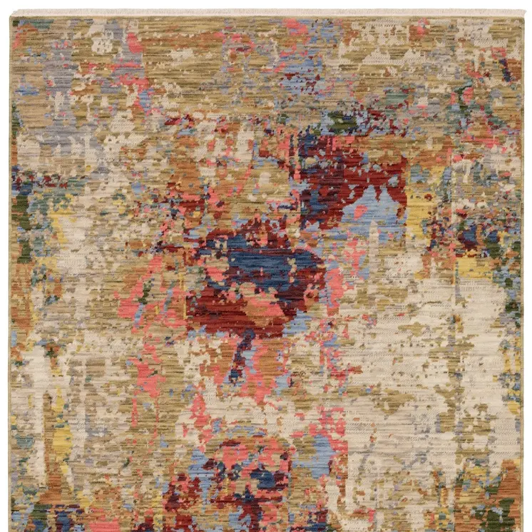 3' X 5' Beige Salmon And Yellow Abstract Area Rug With Fringe