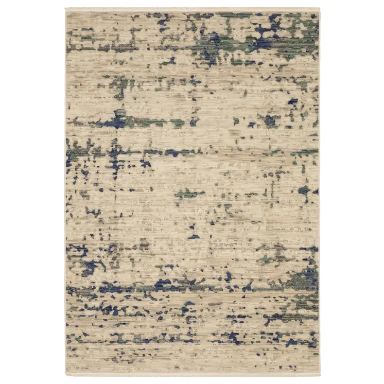 3' X 5' Beige And Green Abstract Area Rug With Fringe