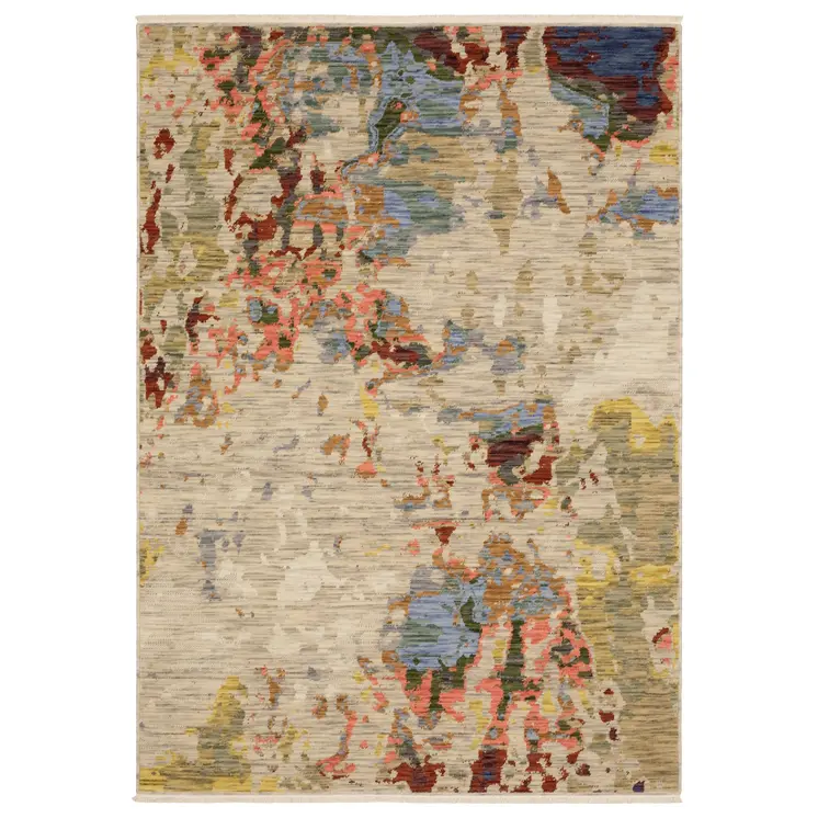 3' X 5' Beige Salmon And Yellow Abstract Area Rug With Fringe