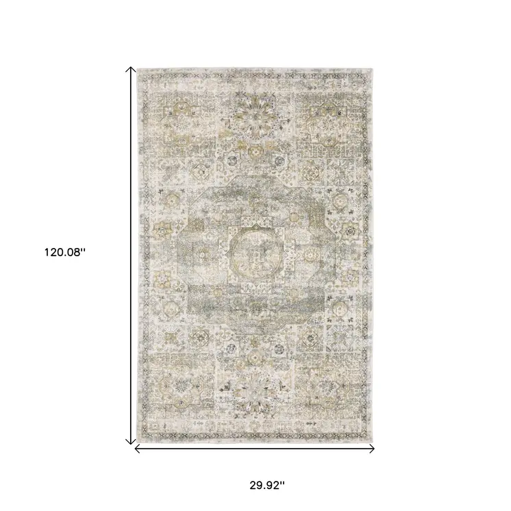 10' Gray And Gold Medallion Hand Tufted Runner Rug
