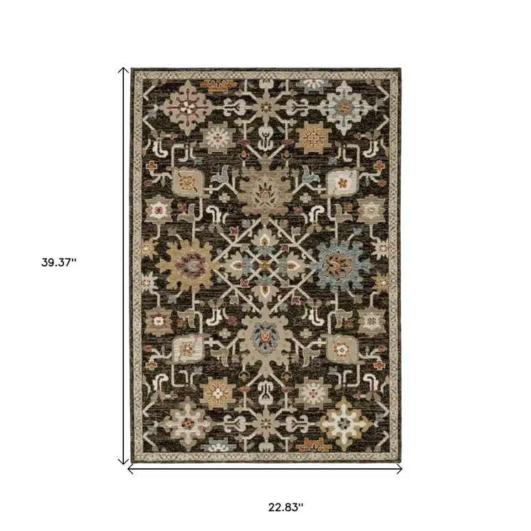 2' X 3' Brown Black And Ivory Oriental Area Rug
