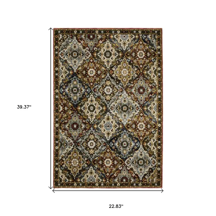 2' X 3' Red Yellow And Ivory Medallion Area Rug