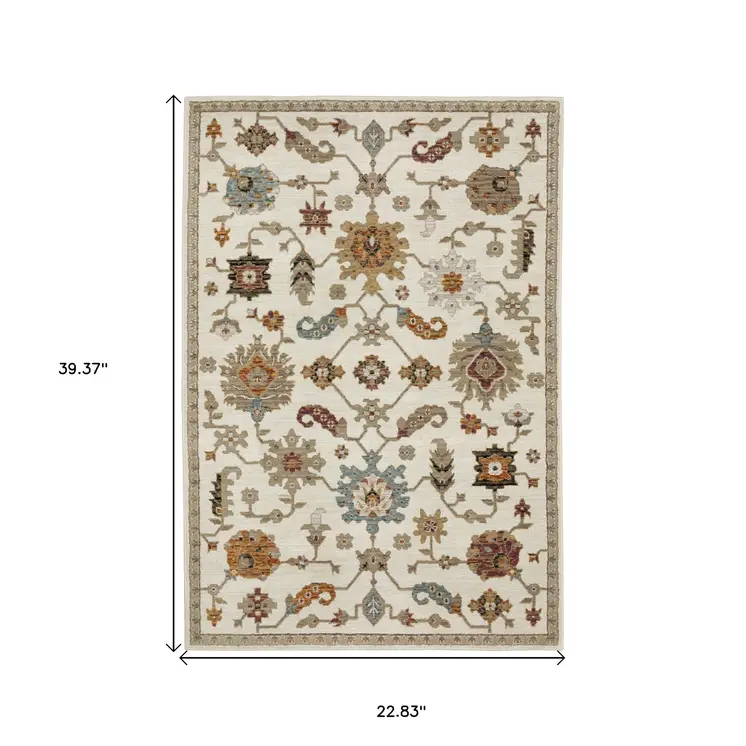 2' X 3' Ivory Tan And Black Oriental Area Rug